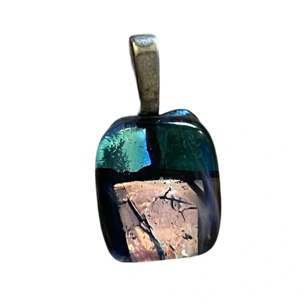 Mystic‎ Fire Topaz Cushion Cut Stud Earrings & Dichroic Fused Glass Foil Pendant